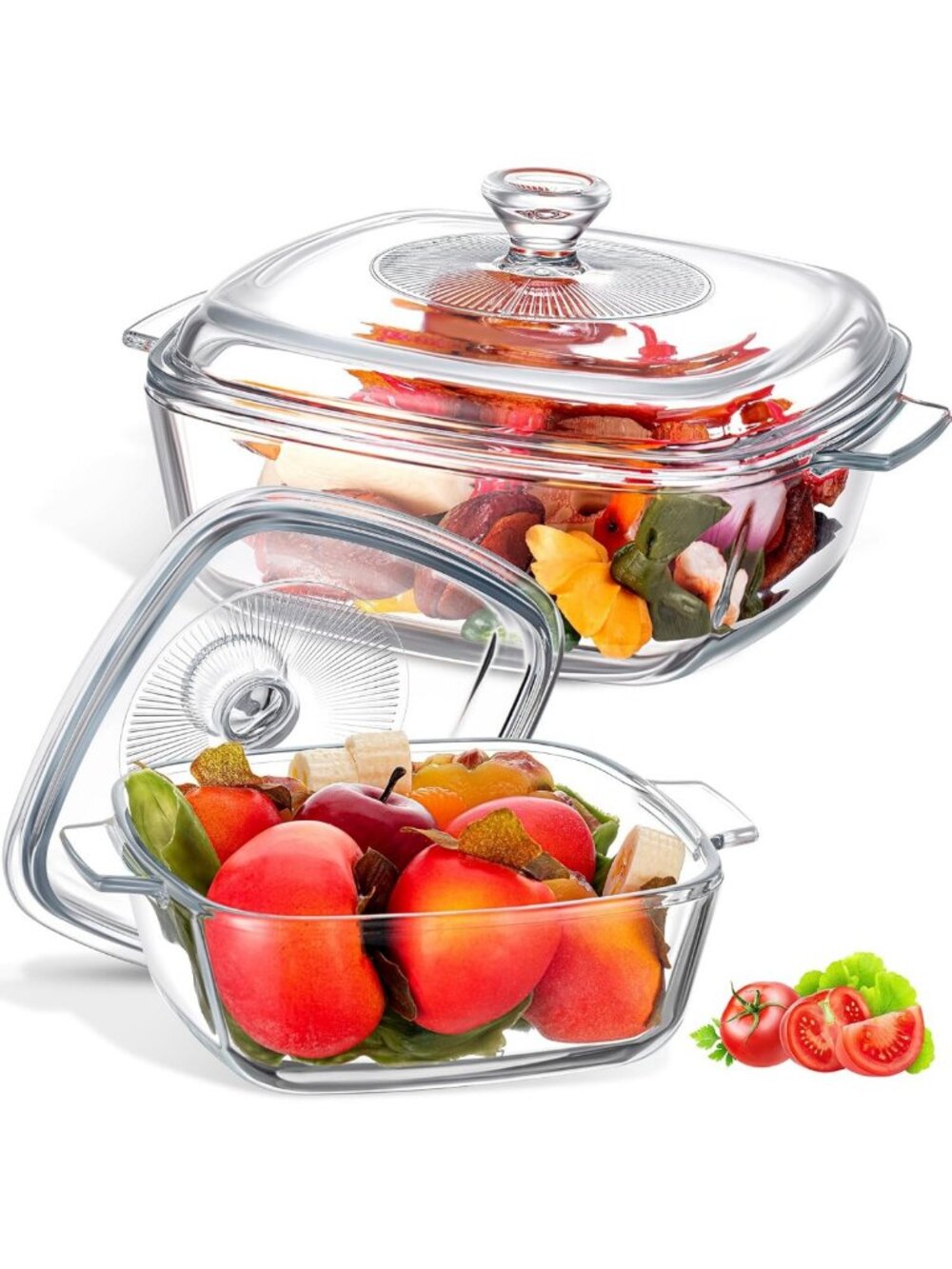 Set of 2 Glass Casserole Dishes with Lids - Square Bakeware, 0.8L & 1.5L